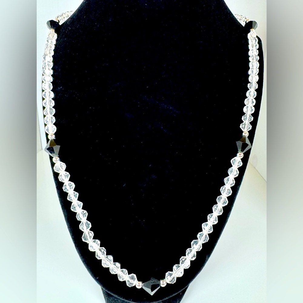 NWT Trifari Black and Clear Crystal Beaded Necklace 24”
